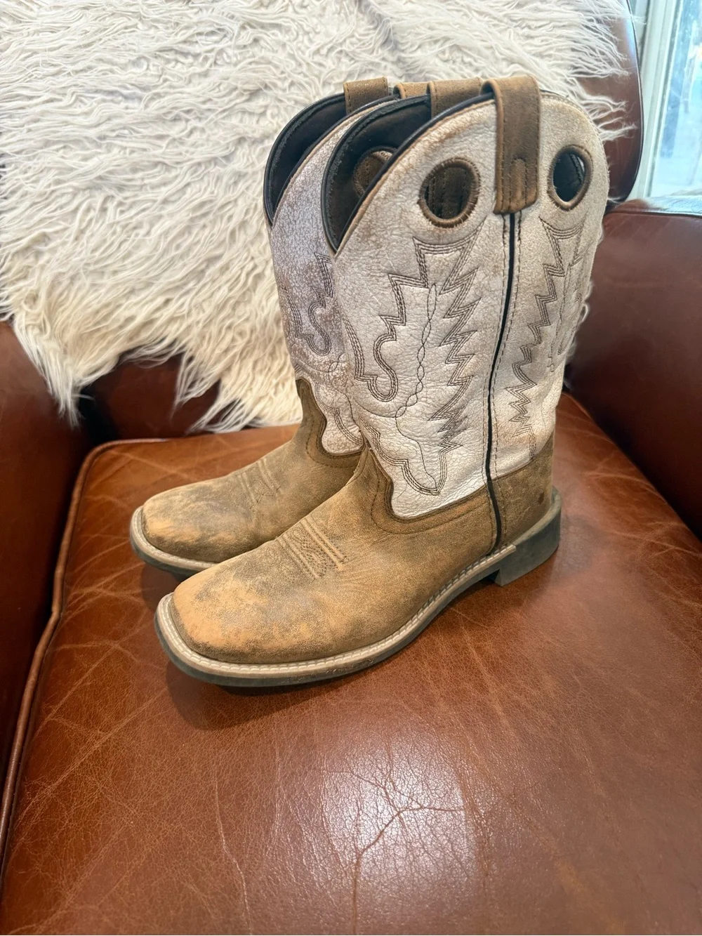 Youth Two-Tone Tan and Cream Western Pull-On Boots
